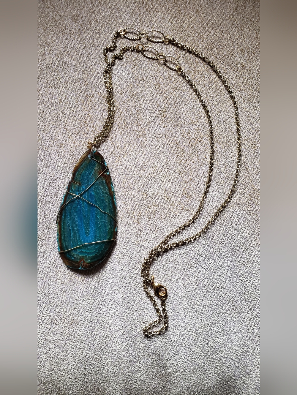 Handcrafted Blue Sliced Agate Wire-Wrap Pendant Necklace